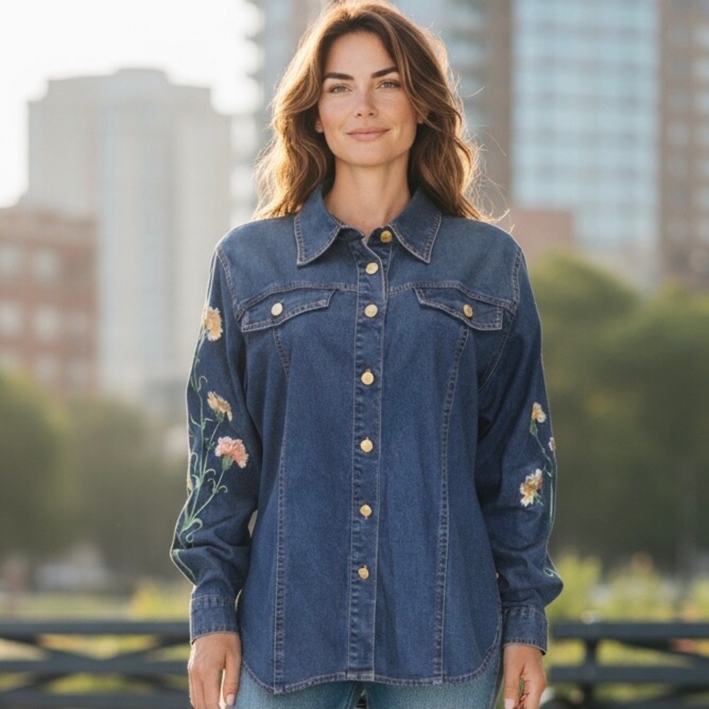 Vtg Bob Mackie Wearable Art Embroidered Denim Shirt Jacket Women’s Size M Floral